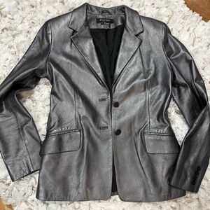 Etcetera Pearlized Soft Genuine Metallic Gray Leather Blazer Jacket Size 4 NWOT